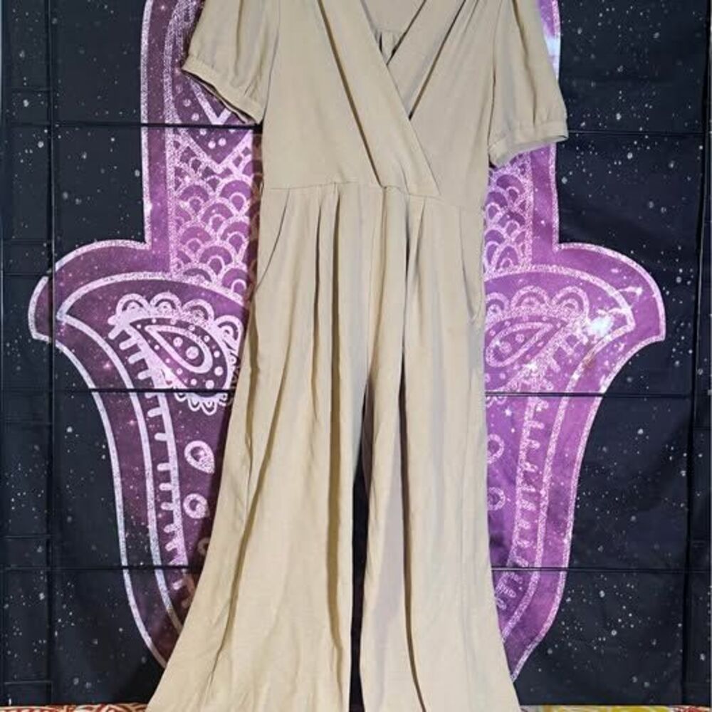 Monteau Women's Jumpsuit Beige Size XL Short-Sleeve Belted Solid